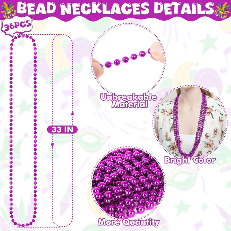 VLUV 36Pcs Beaded Necklace, Mardi Gras Beads Necklaces Accessories, 33 Inch Bead Costume for Women Man, Festival Parade Throw Supplies - Image 2